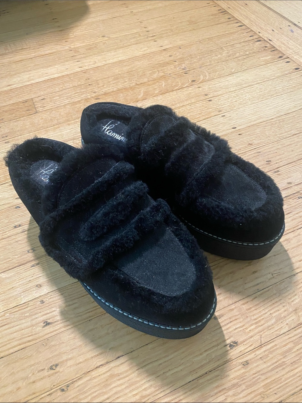 Flamingos Black Faux Fur Platform Mules